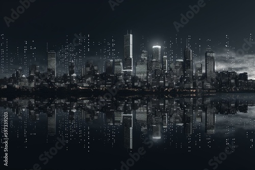 Pixel art skyline of a dark city in shades of gray. Generative AI