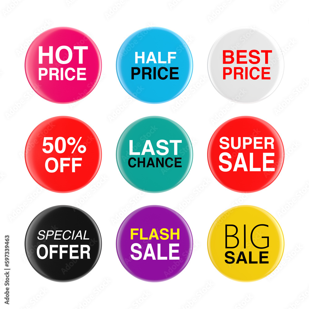 Set of Colorful Sale and Price Button Icons. 3d Rendering Set of Colorful Sale and Price Button Icons. 3d Rendering