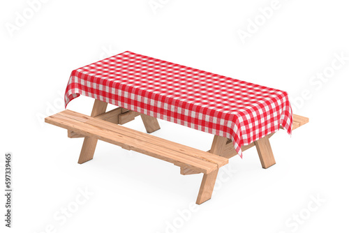 Wooden Picnic Table with Benches and Red Plaid Tablecloth. 3d Rendering