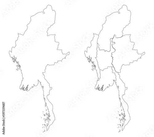 Myanmar map set with white-black on transparent background