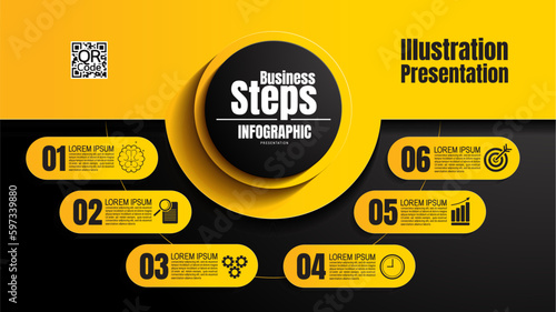 infographic process chart templates, yellow and black design, background for presentations, advertising, layouts, annual reports, abstract steps timeline elements concept 6 options.