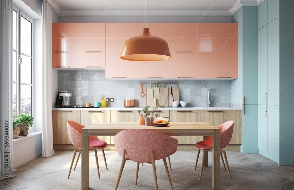 Fototapeta premium Kitchen background with counter top view, generative ai