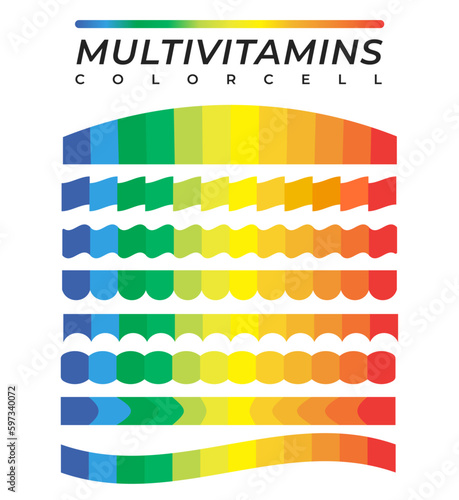 Multi color and multivitamin vitamin color rainbow background pattern texture and geometric vector shape grading color jar label packaging abstract colorful design.