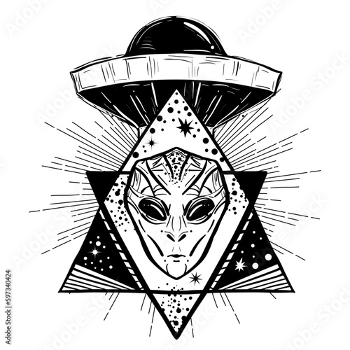 UFO tattoo art and t-shirt design. Invasion of aliens. Mystical symbol paranormal phenomena, first contact