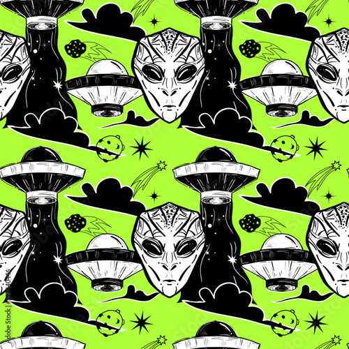 UFO seamless pattern. Invasion of aliens. Mystical symbol paranormal phenomena, first contact