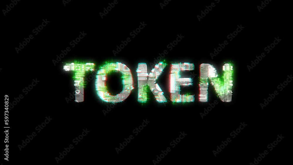 lighting cybernetic text TOKEN on black - meta universe concept, isolated - object 3D illustration lighting cybernetic text TOKEN on black - meta universe concept, isolated - object 3D illustration