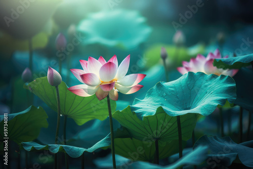Aesthetically pleasing wallpaper with a stunning display of lotus flowers and a peaceful message for Vesak Day, generative AI