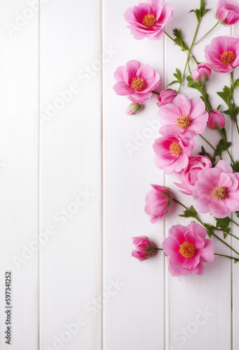 Beautiful pink flowers on white wooden background  concept  Generative AI