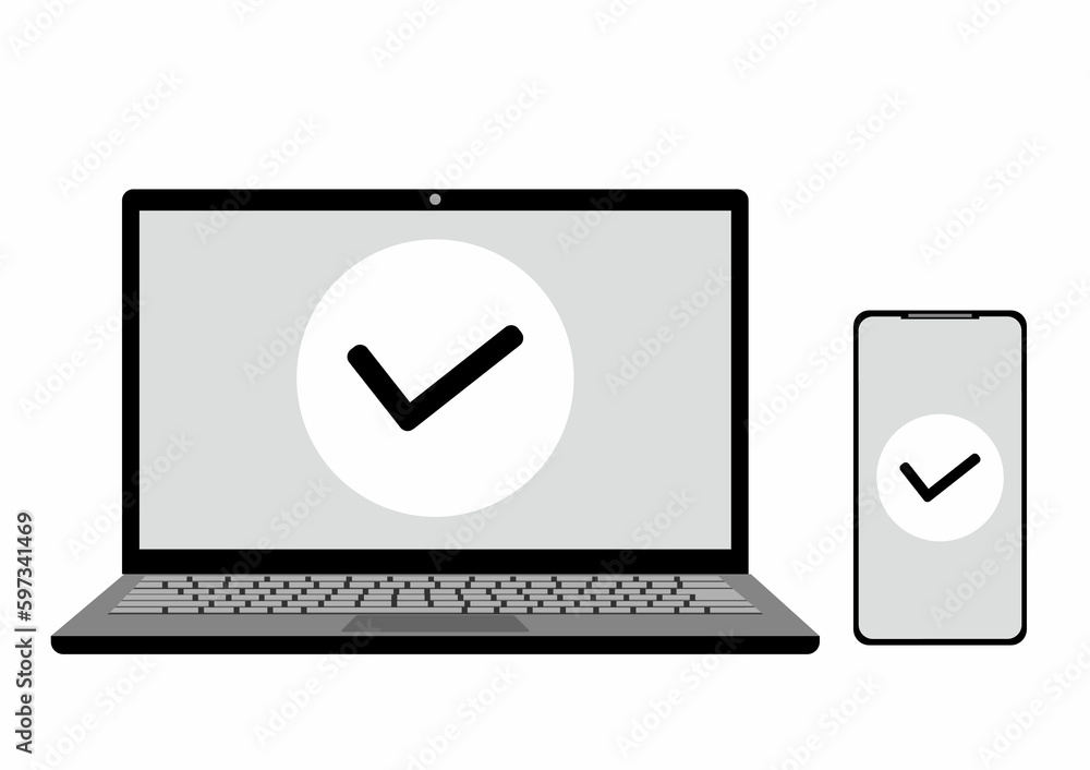 ノートパソコンとスマートフォンで申し込み完了のモノクロイラスト JPEG ノートパソコンとスマートフォンで申し込み完了のモノクロイラスト JPEG