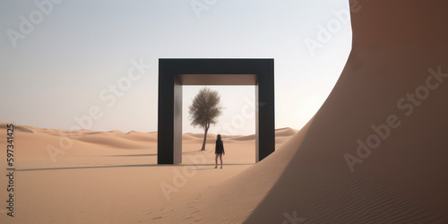 A Person Standing Near A Mysterious Cube Portal In The Desert. Generative AI