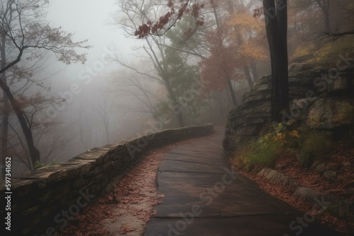 Winding path in Arkansas during misty weather. Generative AI