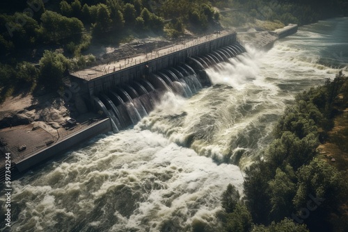 A view from above of a dam that generates electricity using water. Generative AI