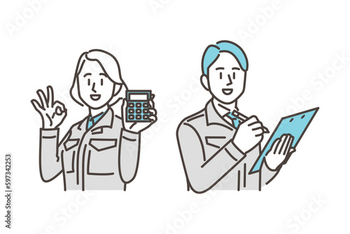 Vector illustration of male and female workers in work clothes estimating with a calculator and pen.