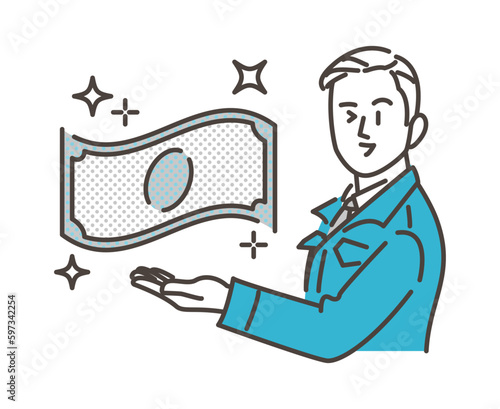 Male worker in work clothes smiling in front of money [Vector illustration].