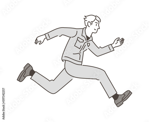 Male worker in work clothes cheerfully jumping with a smile [Vector illustration].
