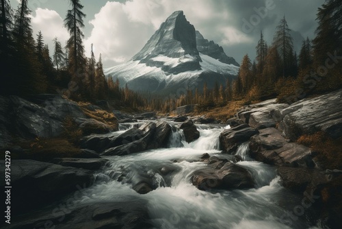 Breathtaking scenery with cascading falls, flowing stream, and towering peak -. Generative AI