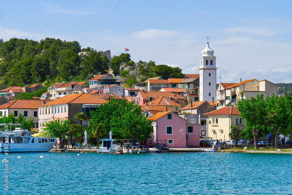 Skradin, Croatia. View on the Skradin and yachts in Krka national park in Croatia. small historic town and marina on the Adriatic coast
