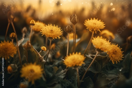 Morning yellow dandelions. Generative AI