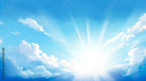 美しい青空と太陽と雲のイラスト背景 Generative AI