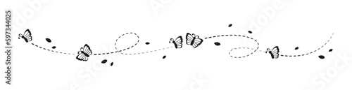 Flying Butterfly with Dotted Line Route Silhouette Separator Border. Beautiful butterflies with open wings trail. Vector design elements for spring and summer.