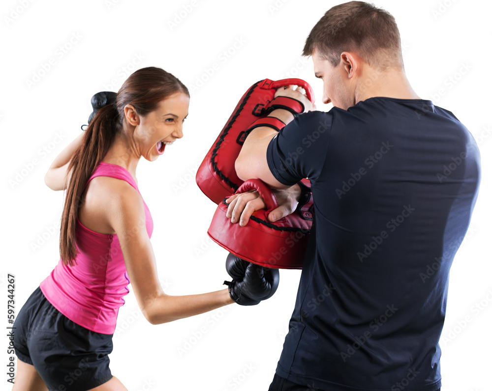 Happy caucasian couple man woman personal trainer exercising Happy caucasian couple man woman personal trainer exercising