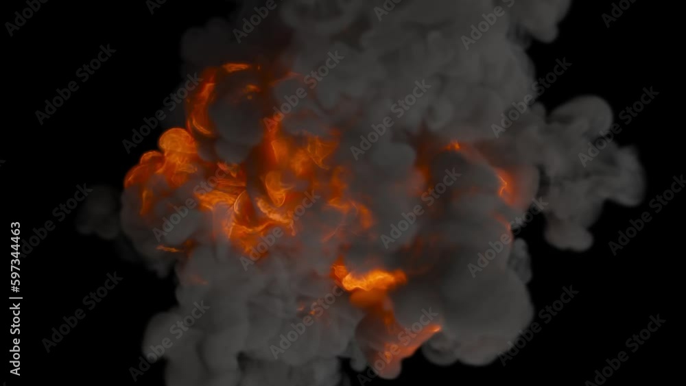 A fiery explosion arises from a black void and emits lots of dense grey smoke. A fiery explosion arises from a black void and emits lots of dense grey smoke.