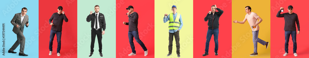Collage of different men with flashlights on color background Collage of different men with flashlights on color background