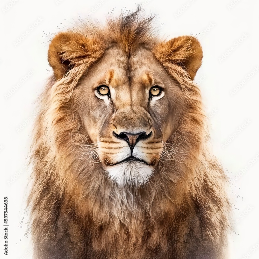 portrait of lion panthera leo isolated on white background, generative ai