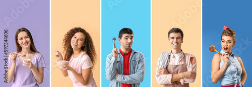 Group of young people with spoons on color background