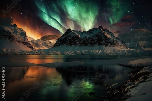 Aurora on the sky. Night sky with polar lights. Night winter landscape with aurora and reflection on the water surface. Natural back, created with Generative Ai Technology