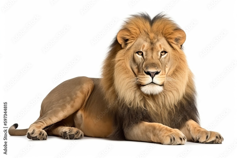 Fototapeta premium portrait of lion panthera leo sitting and resting full body isolated on white background, front view, generative ai