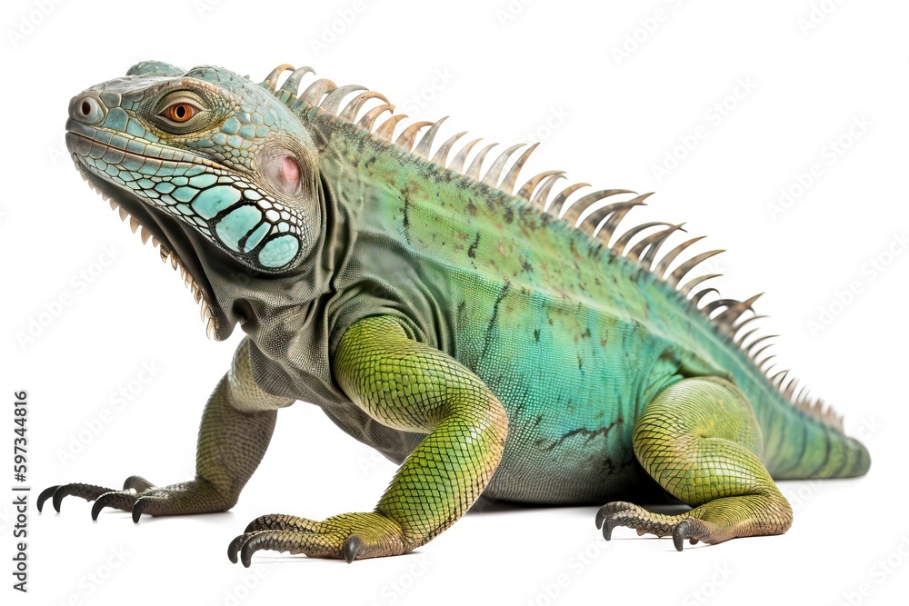 Naklejka premium happy little lizard iguana sitting isolated on white background, generative ai