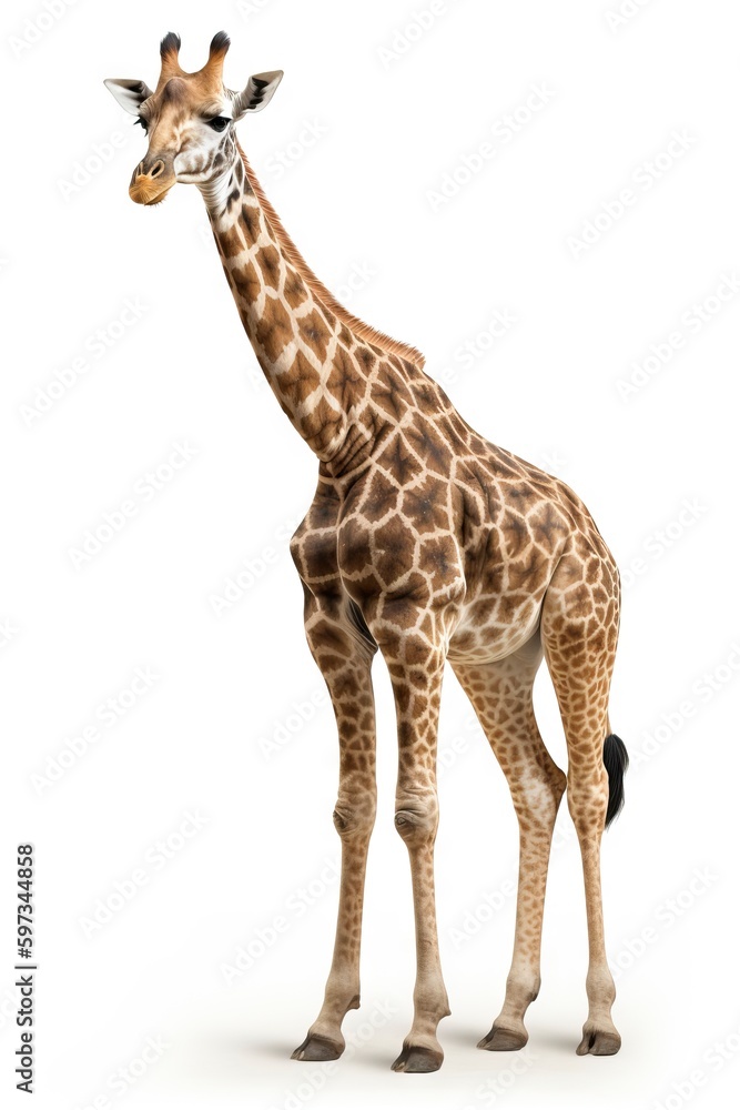Naklejka premium side view giraffe isolated on white background, generative ai