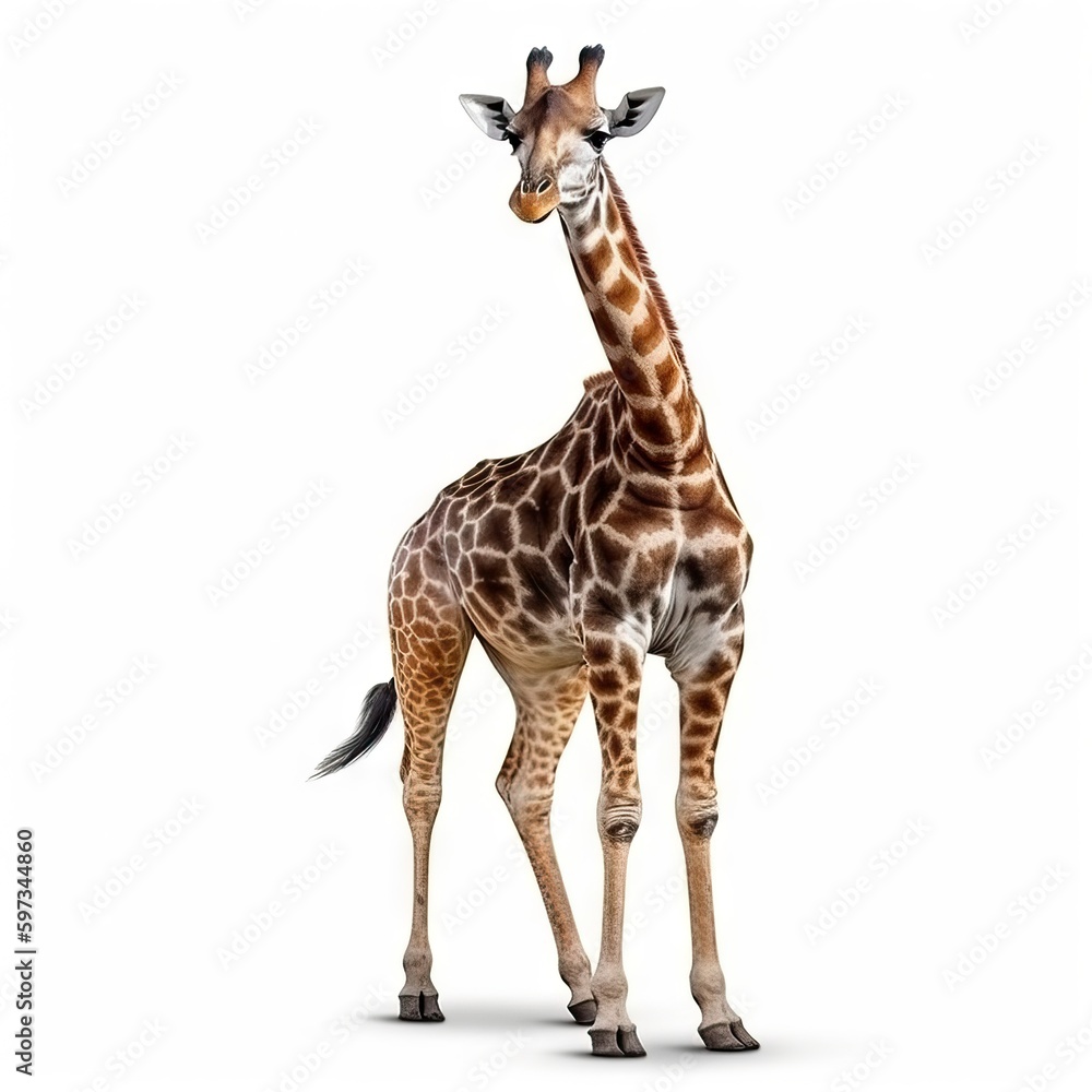 Fototapeta premium side view giraffe isolated on white background, generative ai