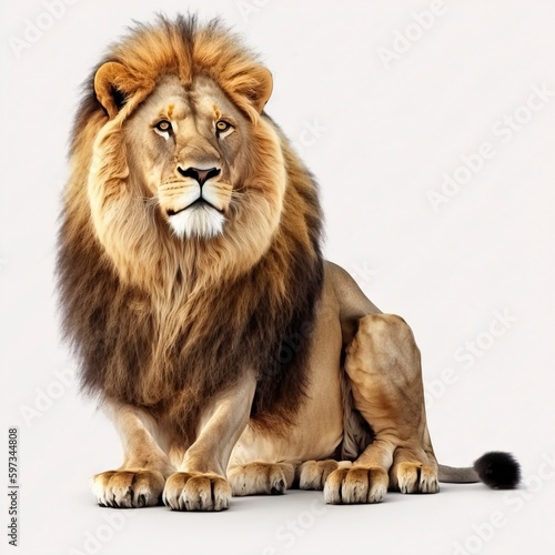 portrait of lion panthera leo sitting and resting full body isolated on white background  front view  generative ai