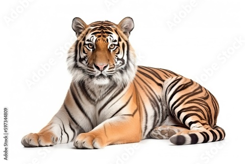 portrait of tiger sitting resting isolated on white background  generative ai