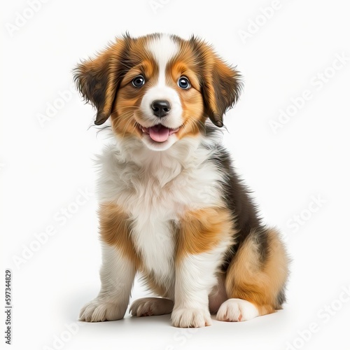 happy little dog puppy sitting isolated on white background, generative ai