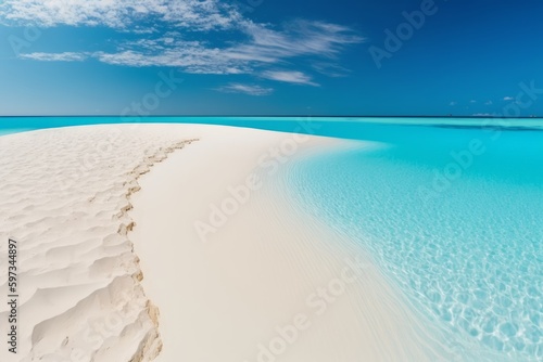 A white sandy beach with blue water and a blue sky, created with Generative Ai Technology