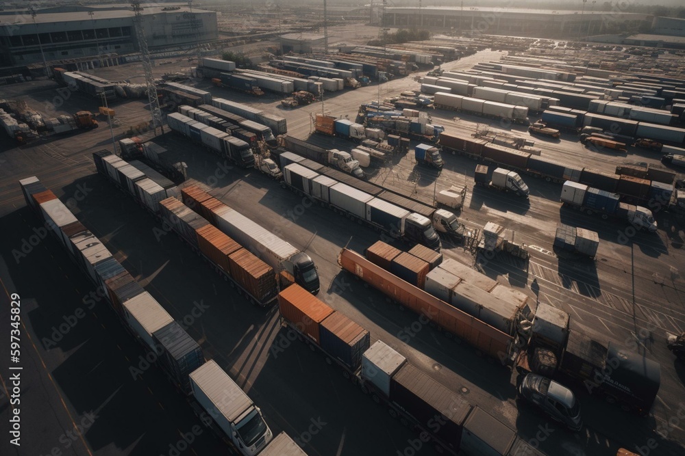 A sprawling logistics complex with warehouses and loading docks. Trucks ...