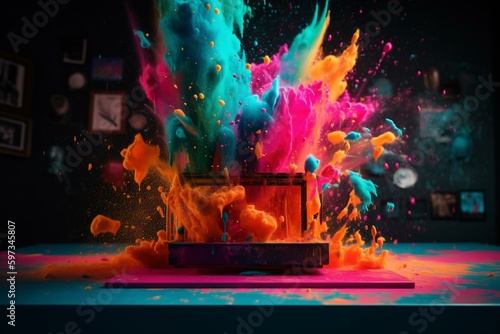 Colorful powder paint explosion on product display frame with neon lines and glowing lights. Futuristic cyber space wallpaper. Generative AI