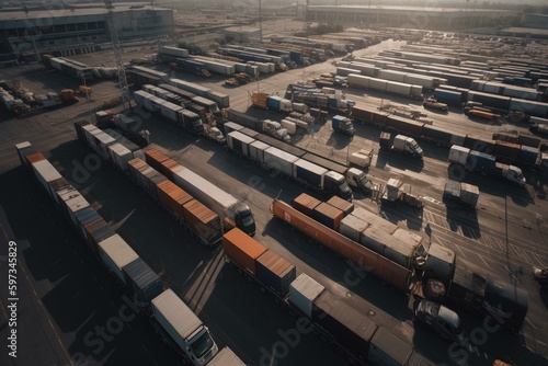 A sprawling logistics complex with warehouses and loading docks. Trucks await loading and unloading. Aerial view. Generative AI