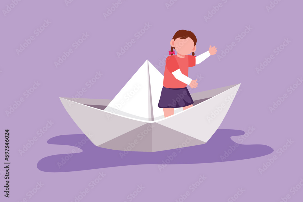 Graphic flat design drawing cute little girl sailing on paper boat. Happy pretty kids having fun and playing sailor in imaginary world. Children playing paper boat. Cartoon style vector illustration Graphic flat design drawing cute little girl sailing on paper boat. Happy pretty kids having fun and playing sailor in imaginary world. Children playing paper boat. Cartoon style vector illustration