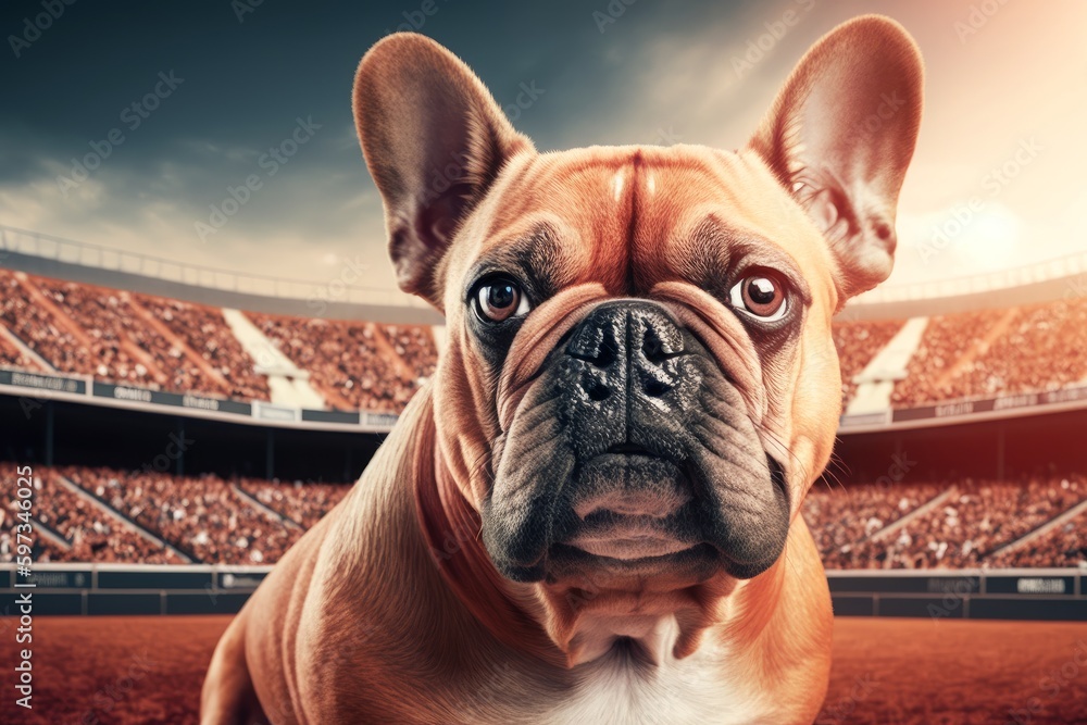 A dog in a stadium looking at the camera, created with Generative Ai Technology