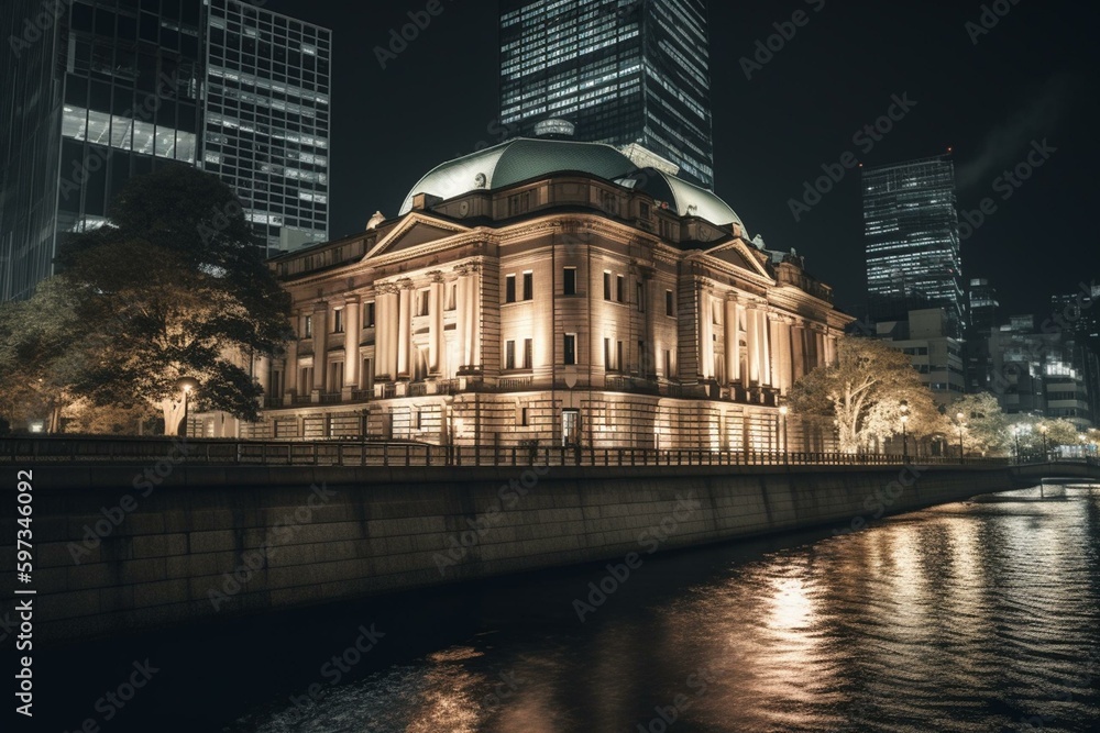 Night view of Marunouchi in traditional watercolor style. Generative AI