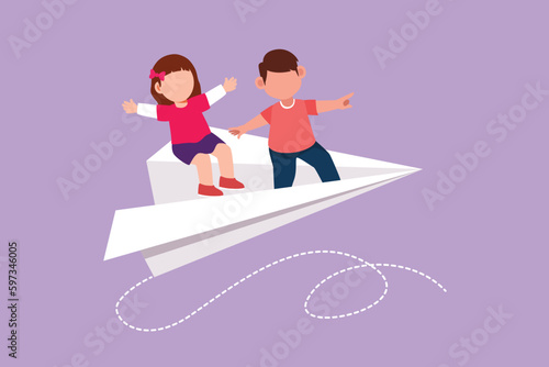 Character flat drawing of happy little boys and girls flying on paper plane. Cheerful kids flying on paper airplane together. Smart children back to school metaphor. Cartoon design vector illustration