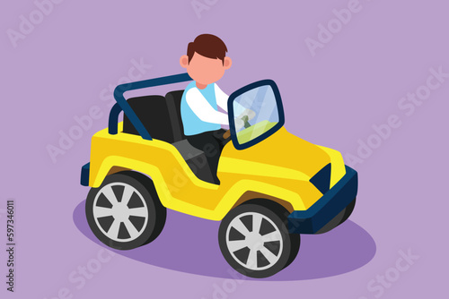Character flat drawing cheerful little boy driving big electric toy car. Cute little boy having fun while driving toy car. Kids driving small car at amusement park. Cartoon design vector illustration