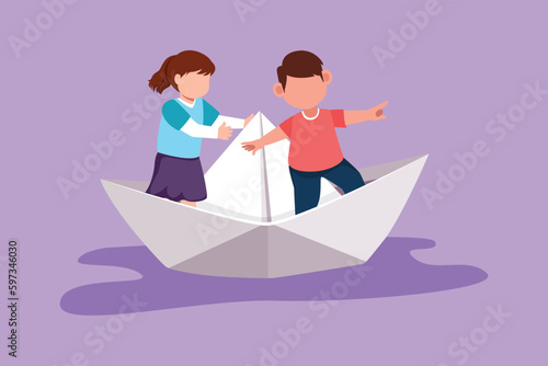 Graphic flat design drawing cute little boys and girls floating on paper boat on small lake at city park. Happy kids having fun and playing sailor in imaginary world. Cartoon style vector illustration