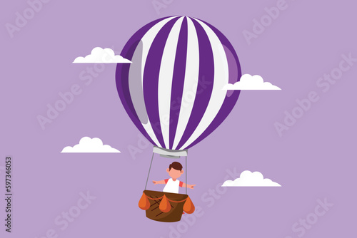 Character flat drawing cute little boy standing in box of hot air balloon. Little pilot of hot air balloon adventure. Creative kid character playing hot air balloon. Cartoon design vector illustration