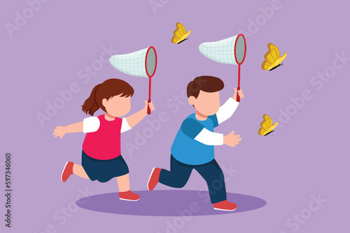Cartoon flat style drawing cute little boy and girl catches butterfly. Happy children runs at outdoor garden. Adorable kids catching bugs in the field. Spring time. Graphic design vector illustration