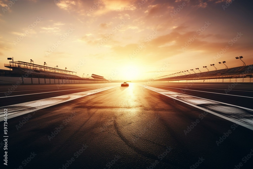 Motion blur sunrise on international racetrack with starting/end line and digital background. Generative AI